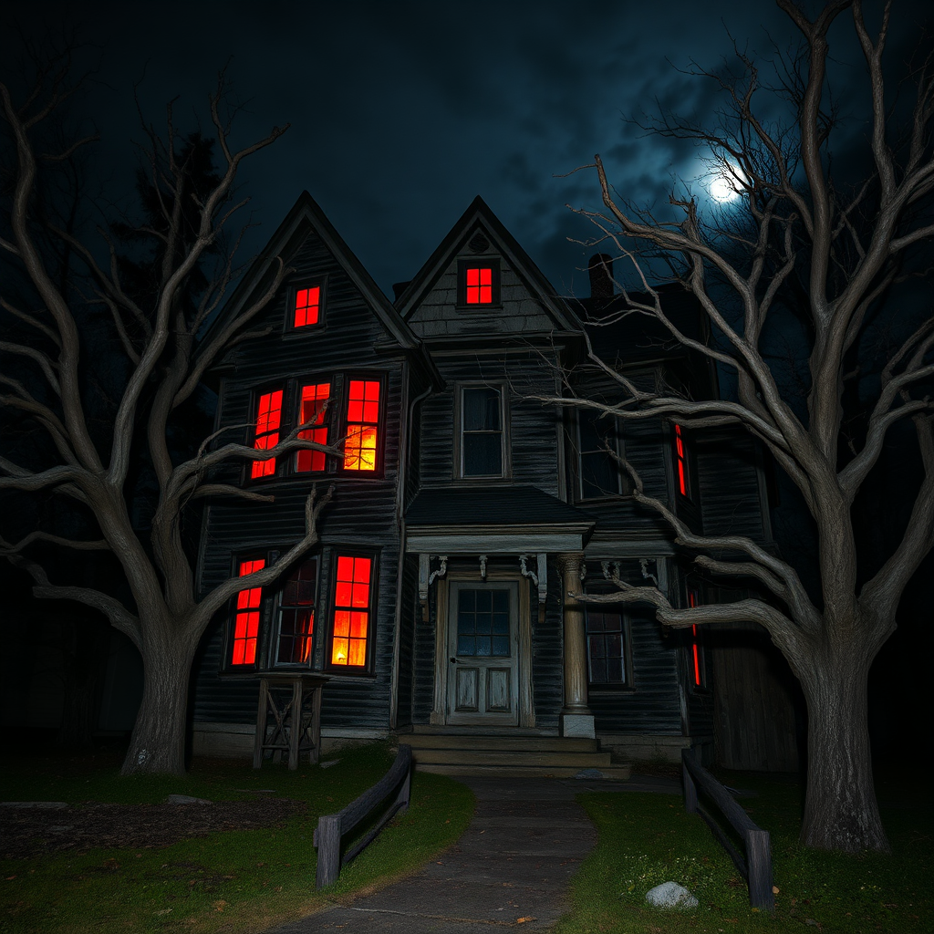Haunted house with glowing eyes