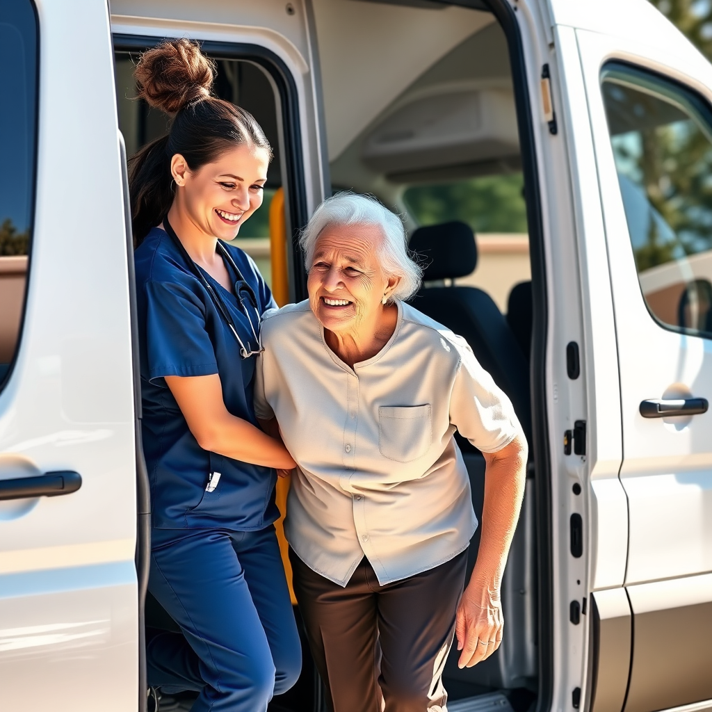 Nurse assisting patient into transport van
