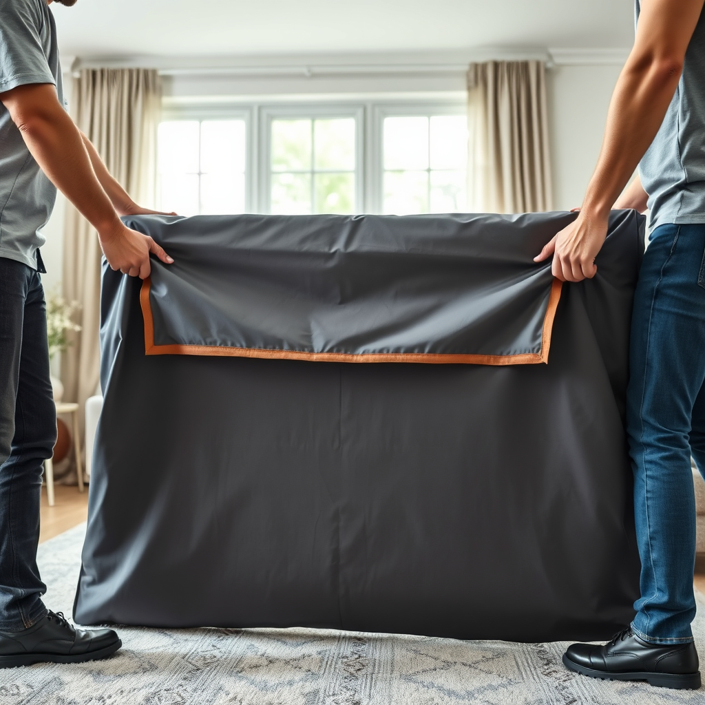 TV being placed into a padded moving bag
