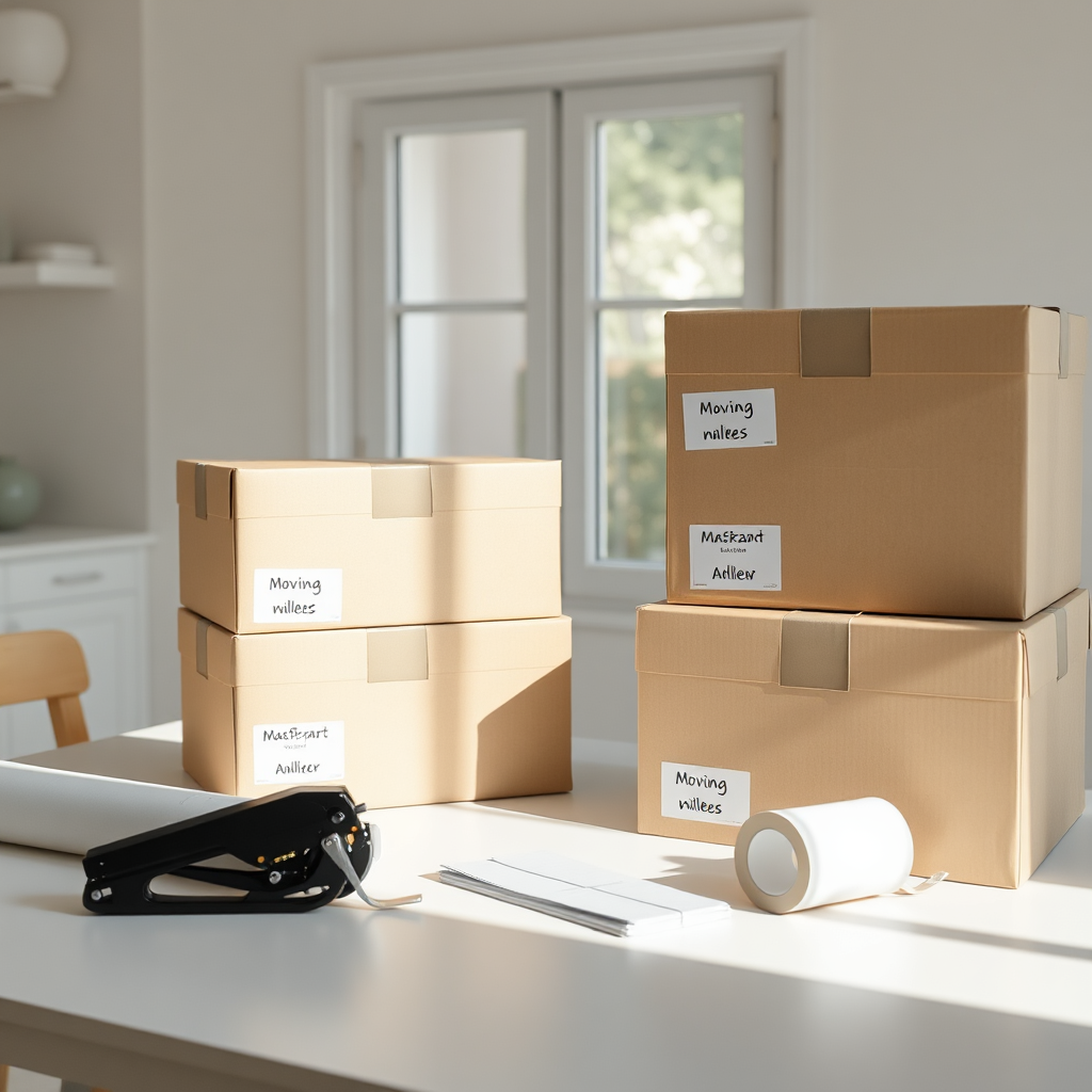 Neatly stacked moving boxes and packing supplies