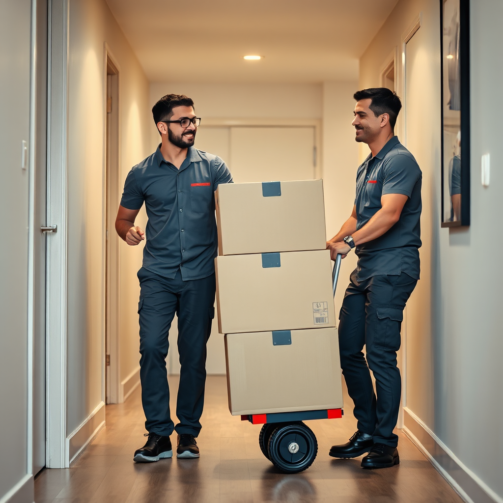 Movers pushing boxes on a dolly in a hallway