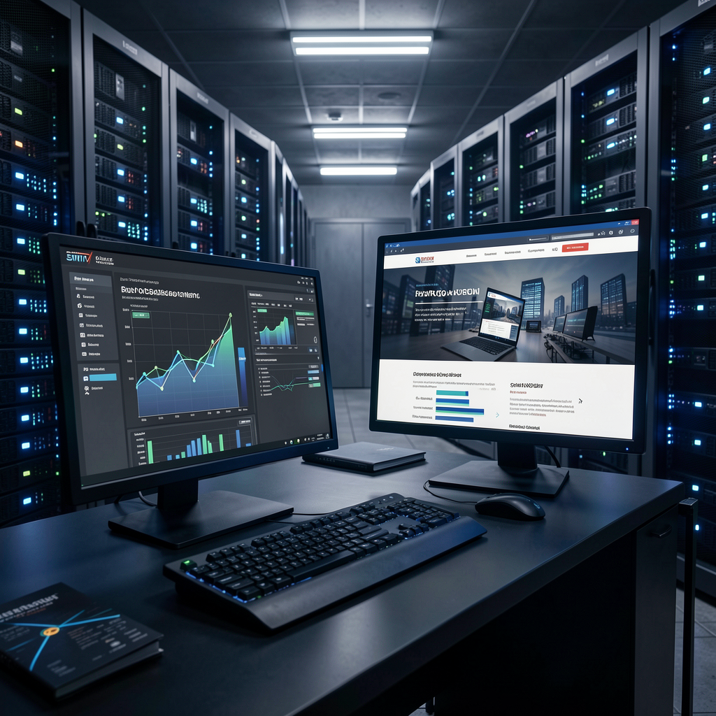 Hero visual – premium data center with website dashboards