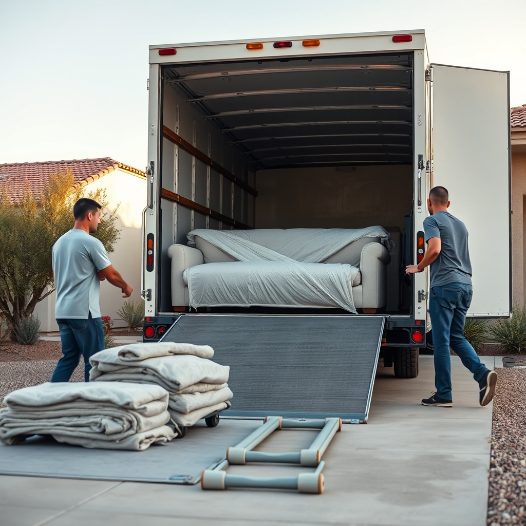 Professional movers loading a clean moving truck in Arizona