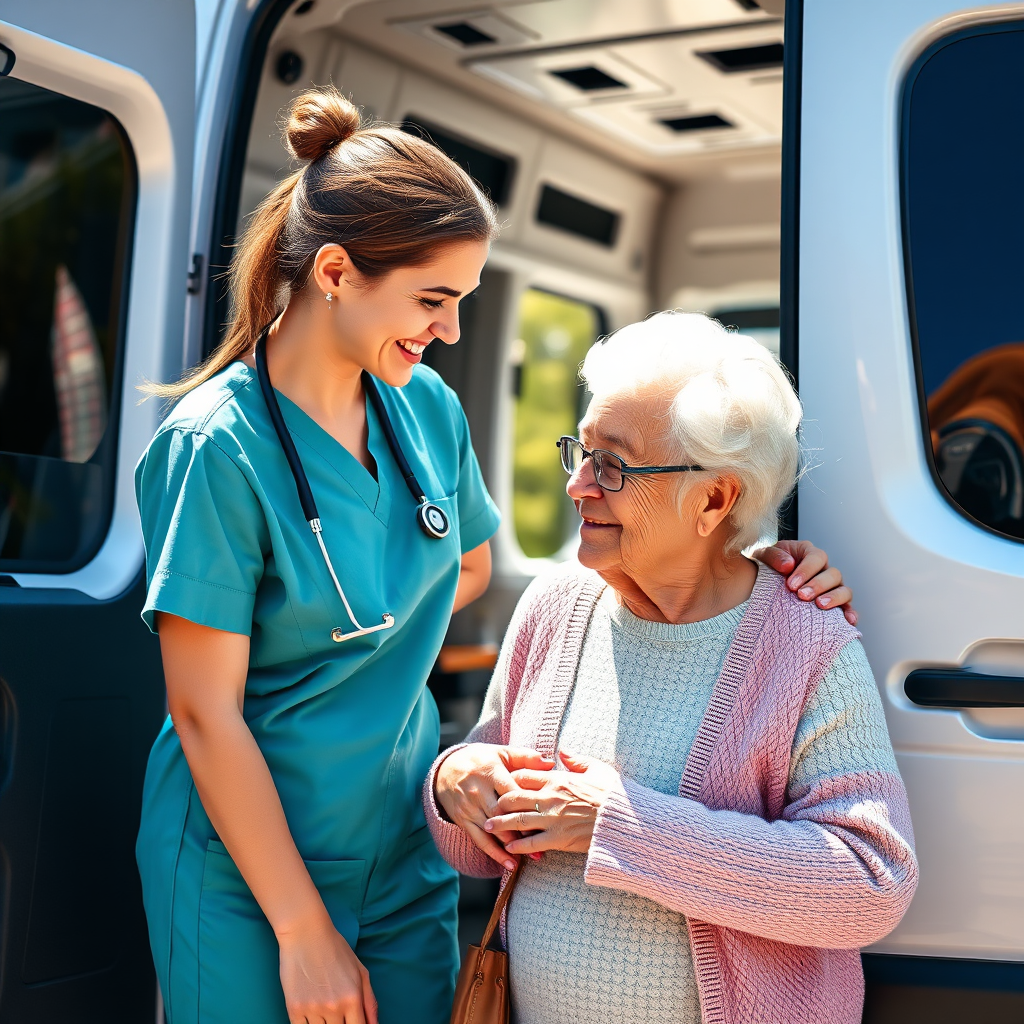 Nurse assisting patient into transport vehicle