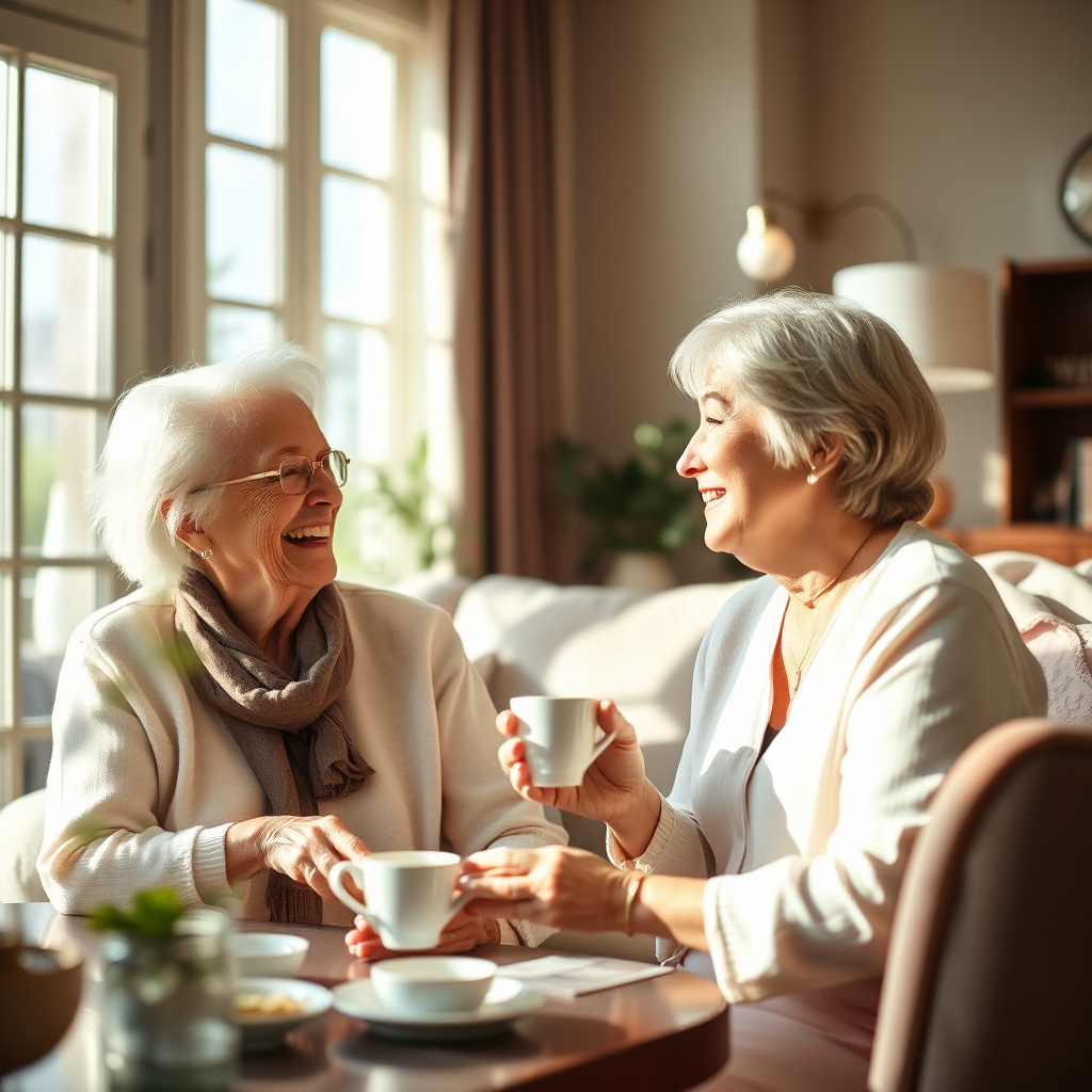 Happy resident and caregiver sharing a moment