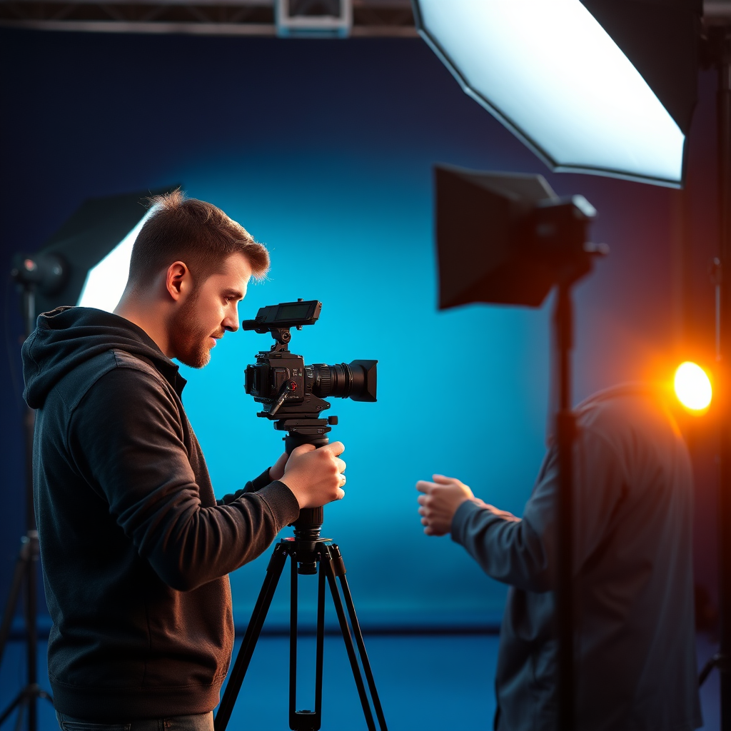Visual media production scene with cinematic lighting and camera gear