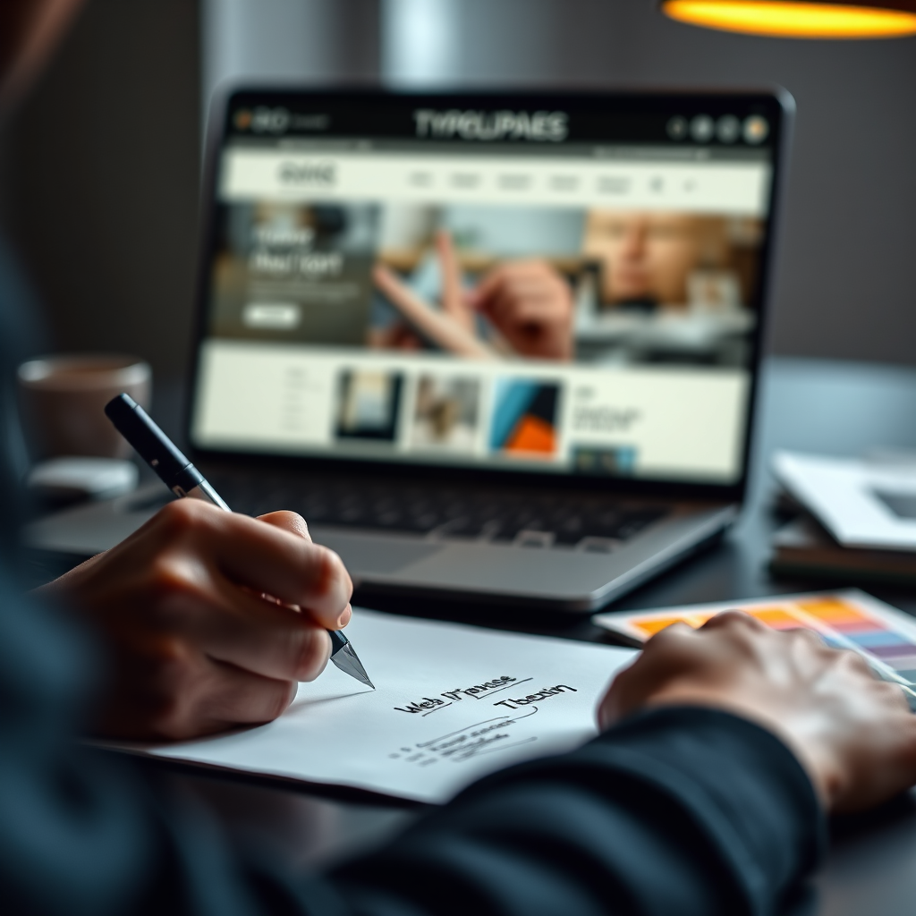 Modern website design scene with editorial typography and UI layout elements