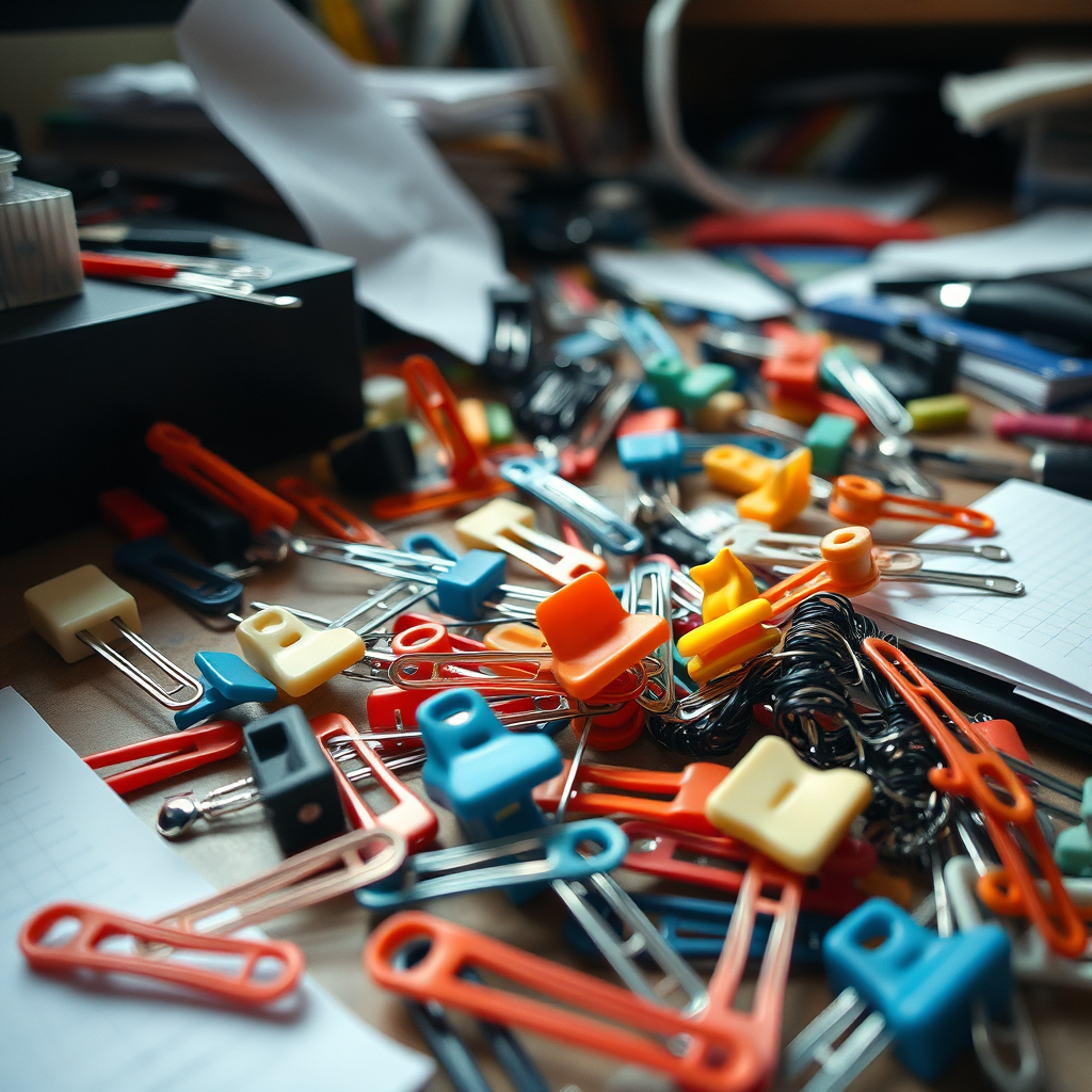 Disorganized workspace with generic hair accessories