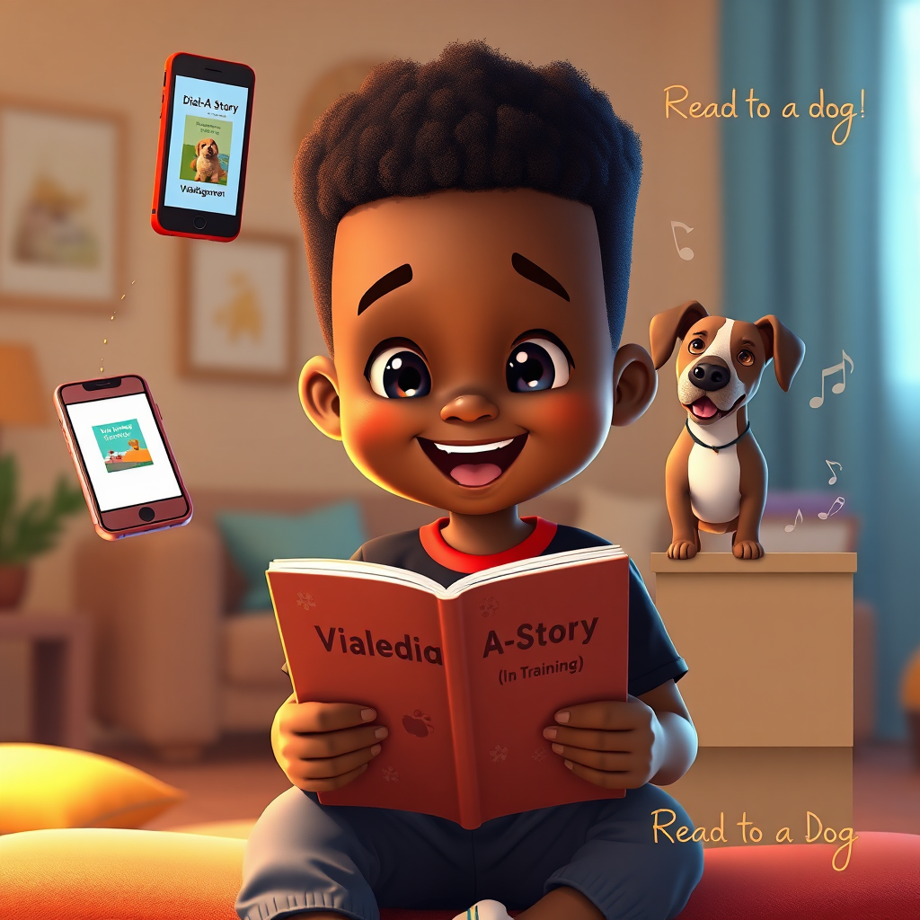 Joyful child reading Valedictorian with Dial-A-Story and Read to a Dog sequence