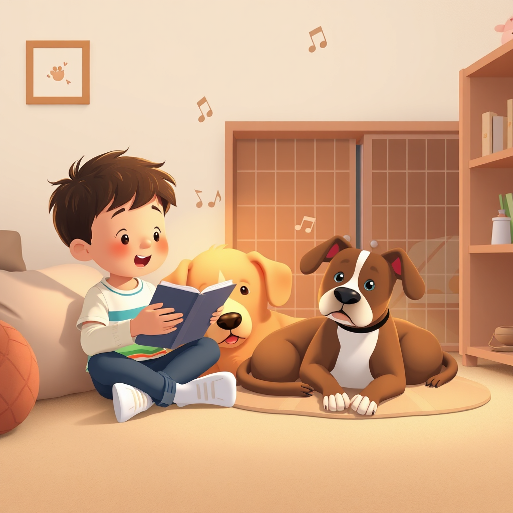 Child reading aloud to calm shelter dogs