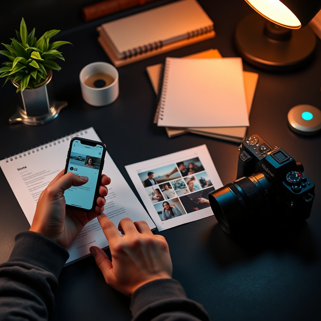 Social content planning with modern UI overlays and editorial lighting