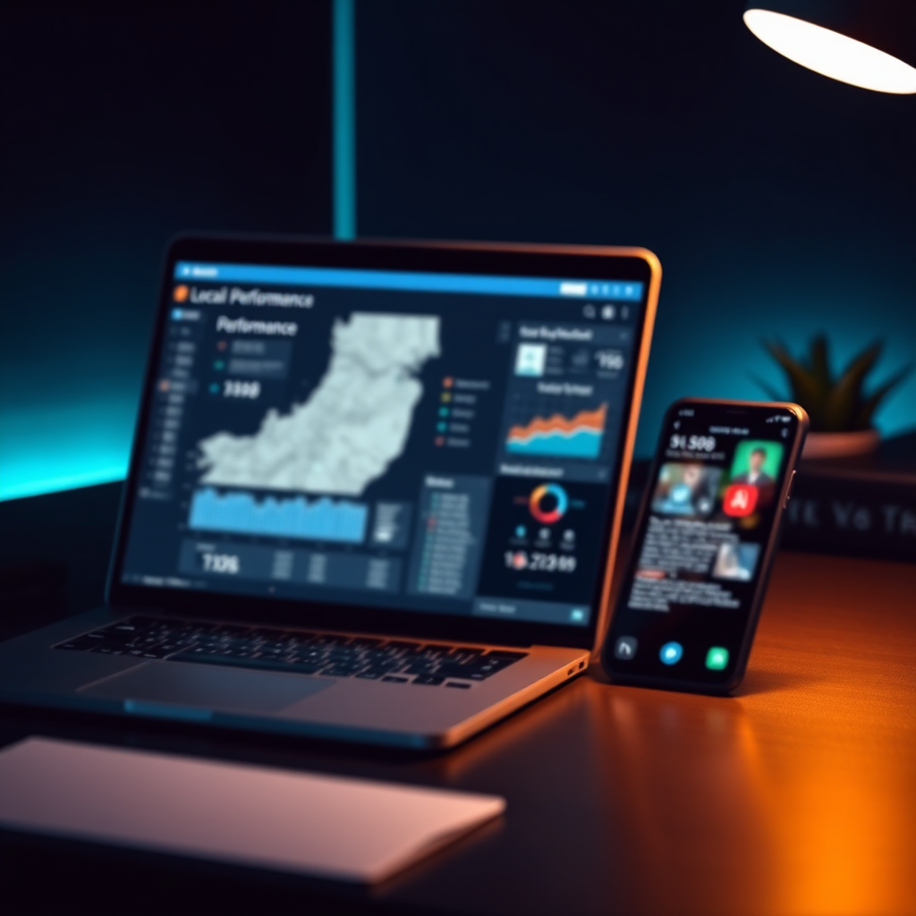 Local SEO and lead conversion concept with map pins and analytics in premium style