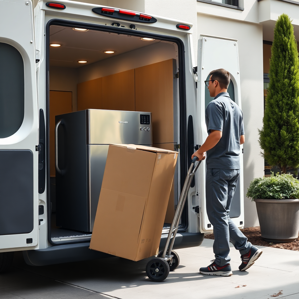 Mover delivering a boxed appliance with a hand truck