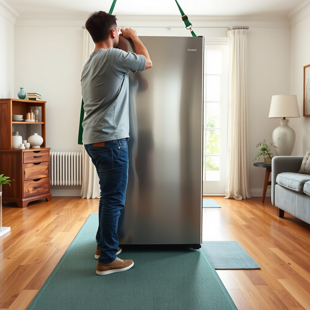 Mover using straps to move a refrigerator with floor protection