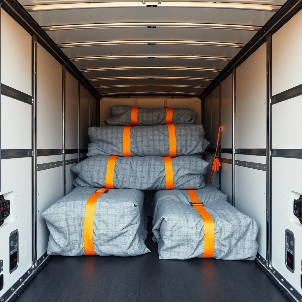 Organized truck interior with wrapped furniture and straps