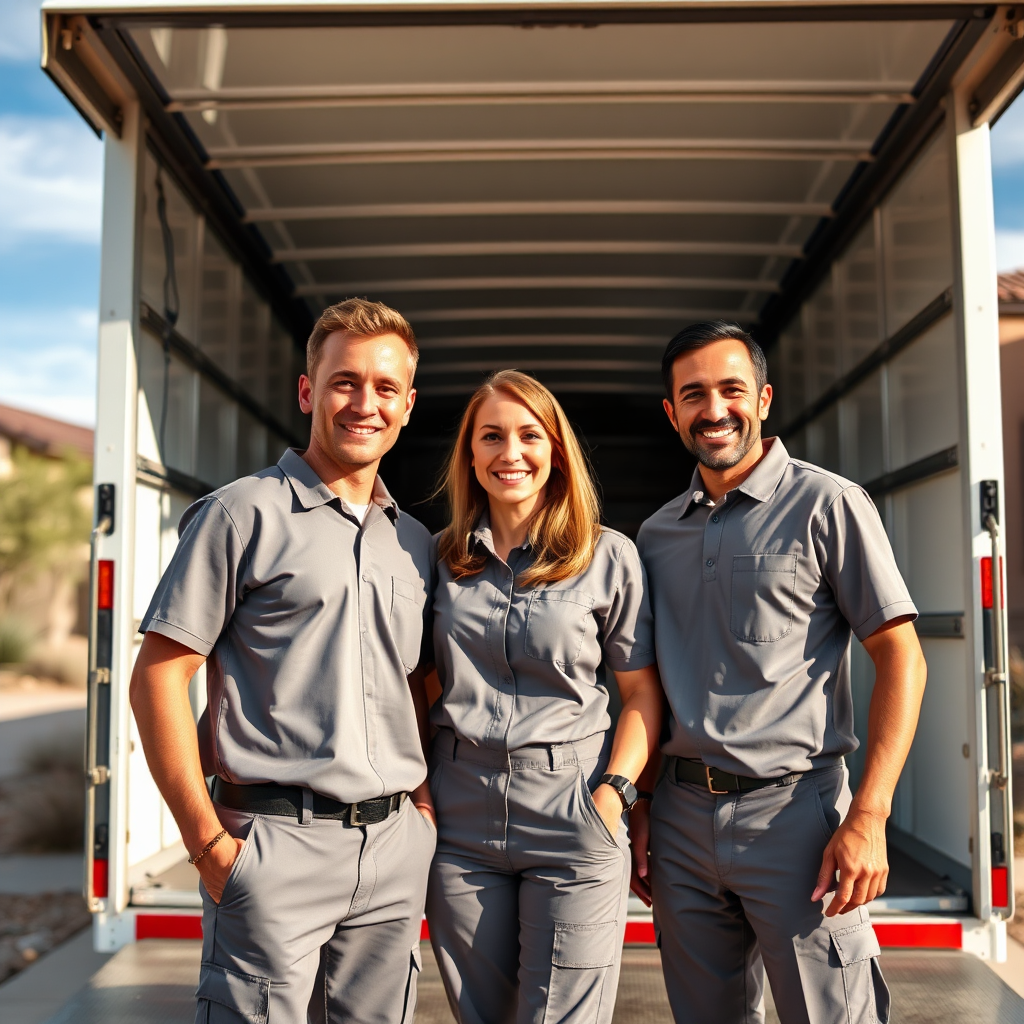 Friendly moving crew standing by a clean truck