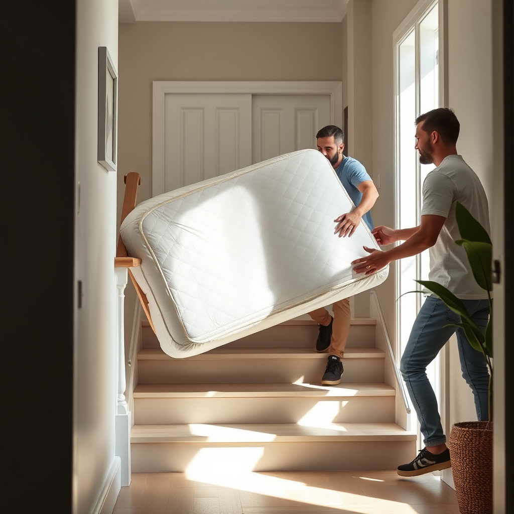 Movers carrying a protected mattress up stairs