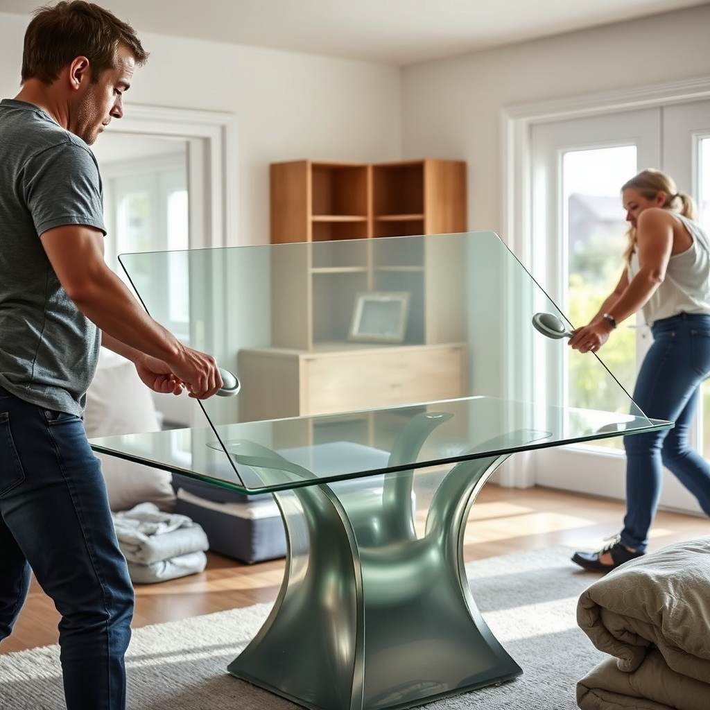 Movers carrying a glass tabletop with suction handles