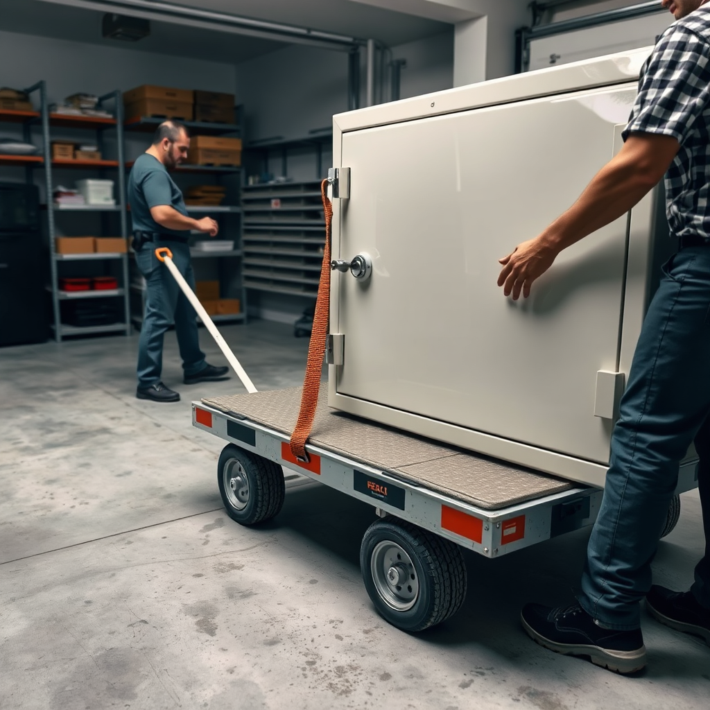 Mover transporting a safe with a dolly and straps