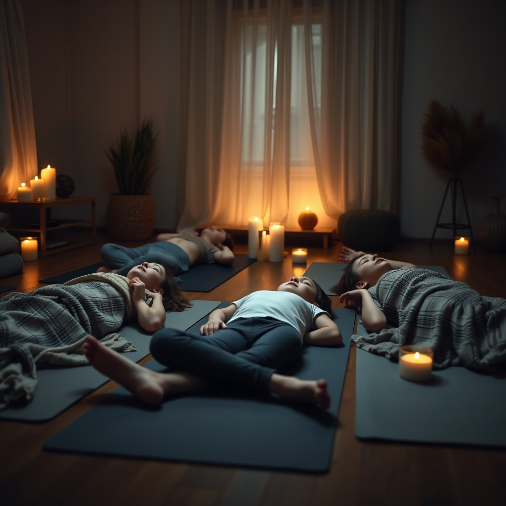 A calming image depicting a family in a relaxation pose at the end of a yoga session, lying on mats in a cozy home environment. Dim lighting creates a soothing atmosphere, with candles and soft throws adding warmth. The composition emphasizes tranquility, with all family members looking serene and peaceful. Technical specs should ensure high clarity to capture the gentle details.