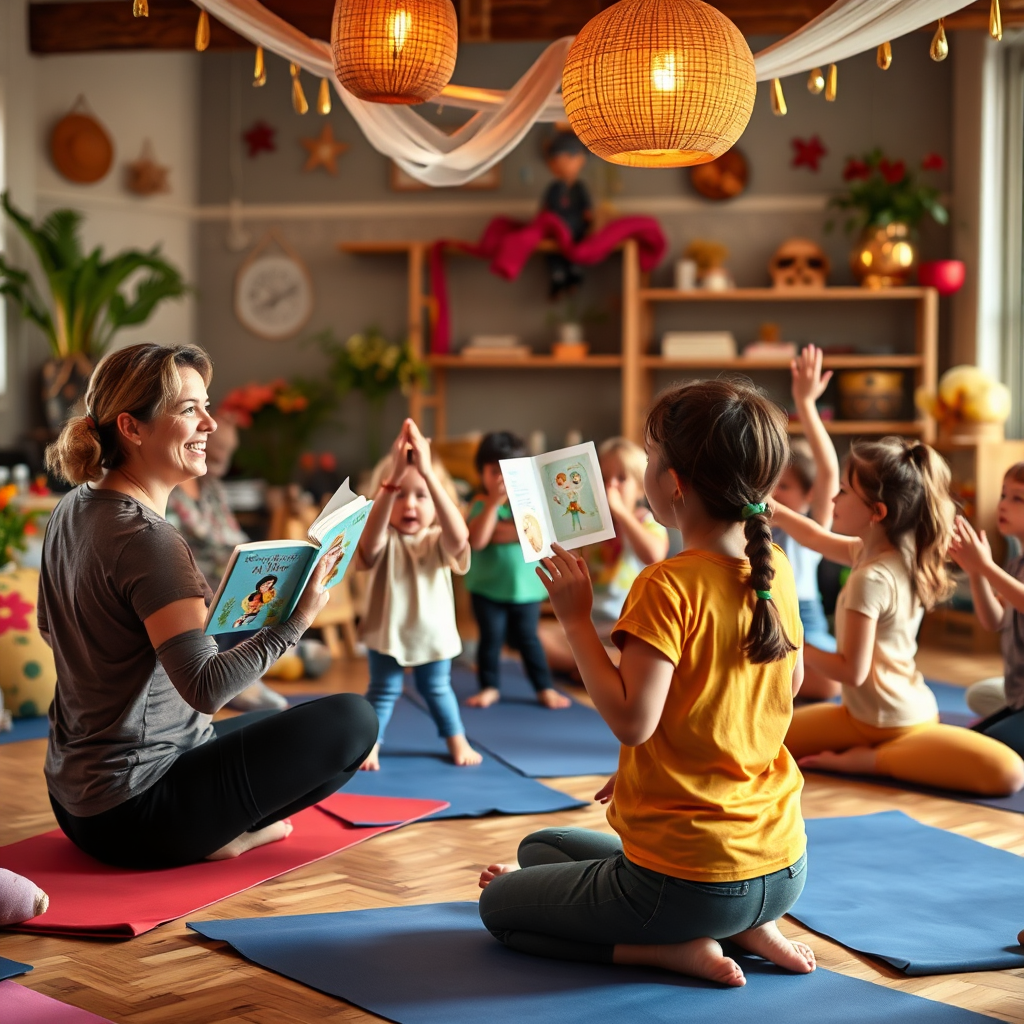 A dynamic image capturing a themed yoga workshop, where families are enjoying a storytelling yoga session. The space is decorated with props related to the stories. Children are animatedly acting out their favorite characters, and parents are joining in, creating a fun atmosphere full of laughter and joy. The lighting is warm, encapsulating a sense of playfulness. Technical specs should ensure rich color and texture detail.