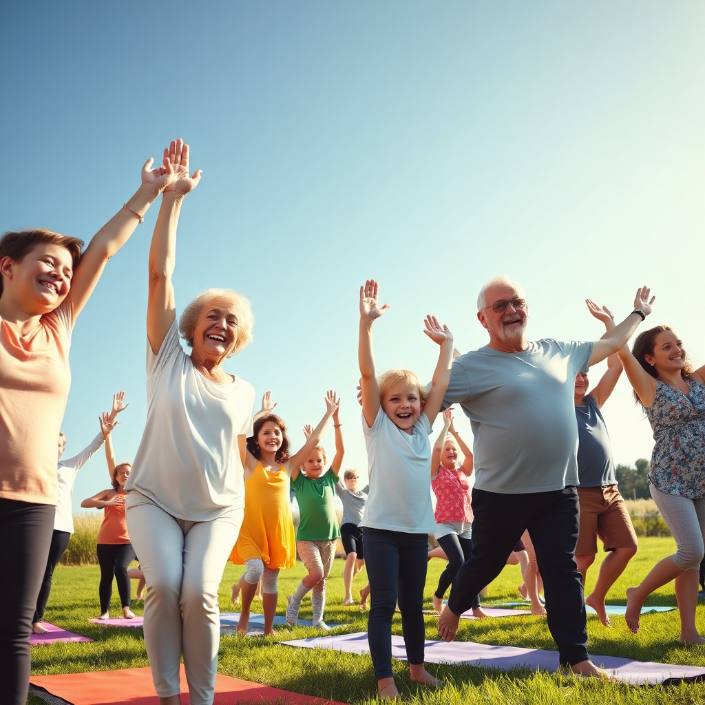 A heartwarming image of a multigenerational family participating in a yoga class together, ranging from grandparents to young children. The setting is outdoors with bright blue skies and green grass. Everyone is smiling and engaged, showcasing joy in movement. The composition is balanced, creating a warm and inviting atmosphere. Technical specs should focus on capturing a diverse range of ages and expressions.