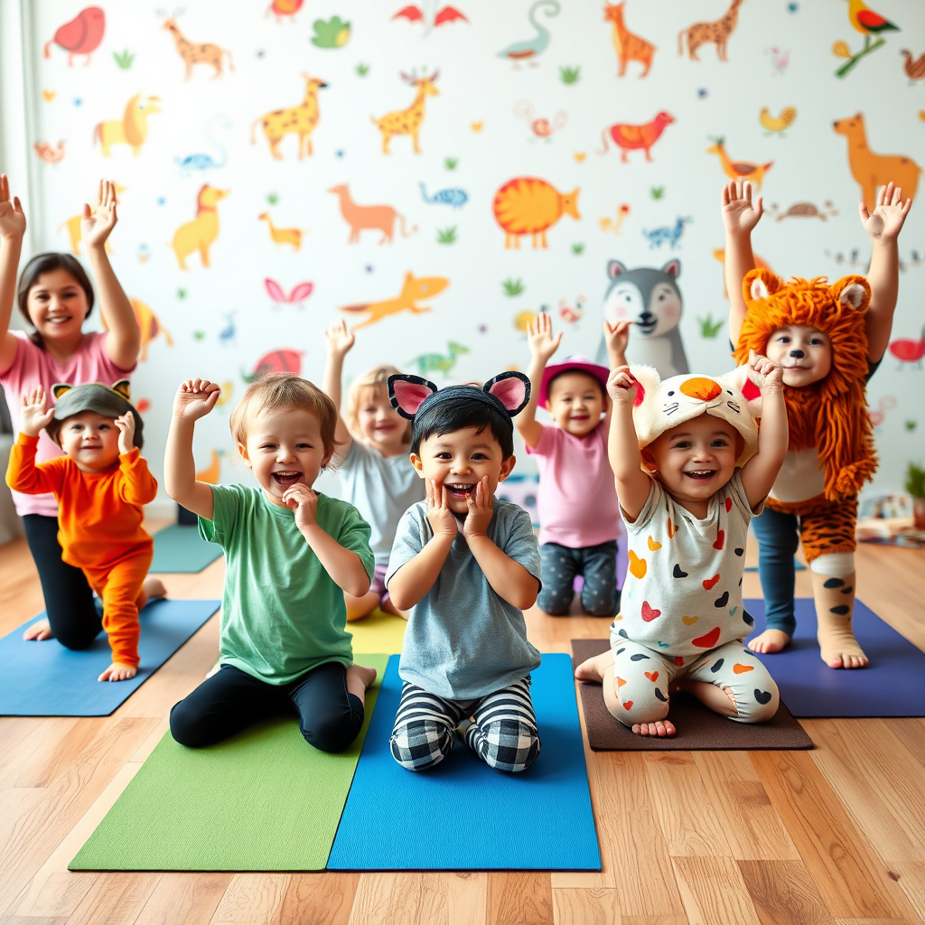 A playful image of children pretending to be different animals in a yoga class, with vibrant colors and fun props. The atmosphere is lively, full of laughter and joy. Each child is captured in unique poses representing their chosen animal while parents join in the fun. The background is decorated with playful illustrations, creating an immersive experience. Technical specs should focus on bright colors and clear visuals.
