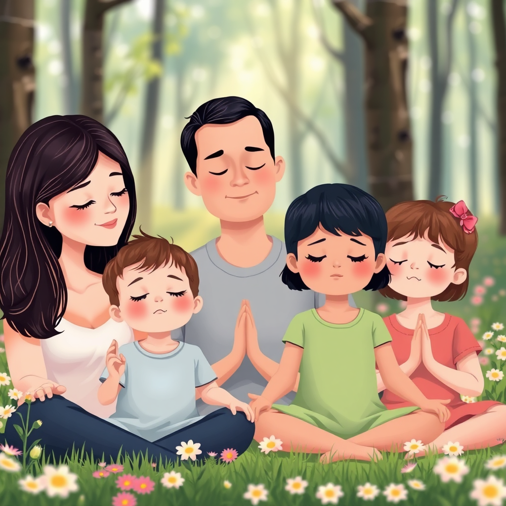 A stylized image showing children and parents meditating together, surrounded by nature. The composition emphasizes tranquility, with serene facial expressions and closed eyes. The background is blurred forest lined with flowers, enhancing the emotional connection. Soft pastel colors create a peaceful atmosphere, and the camera captures the scene at eye level, connecting viewers with the subjects. Style references may include illustrations. Technical specs should focus on high detail.