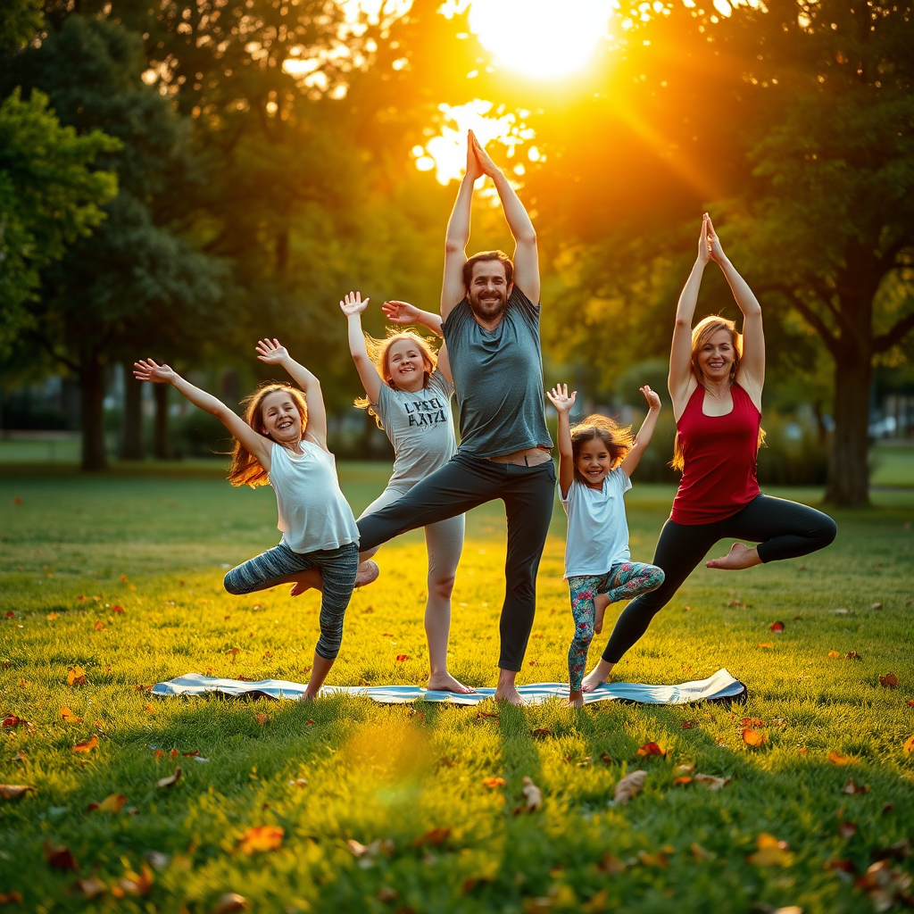 A vibrant image of a family engaged in an exciting yoga pose, such as the tree pose, in a lively park setting. The sunset casts warm golden light on the family, emphasizing smiles and laughter. The image is rich in color, with deep greens and golden hues, showcasing a harmony between nature and family activities. Textures in the grass and leaves add a tactile quality. Technical specs should ensure high resolution for clarity.