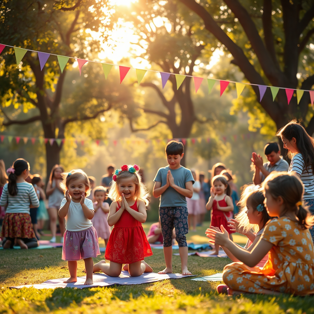 A vibrant image showcasing a special event in a park setting, where families participate in yoga activities together. The scene is colorful, filled with decorations and joyful faces. Children participate in games linked to yoga, creating a festive environment. The atmosphere is warm with golden hour sunlight filtering through the trees. Technical specs should ensure clarity and warmth.