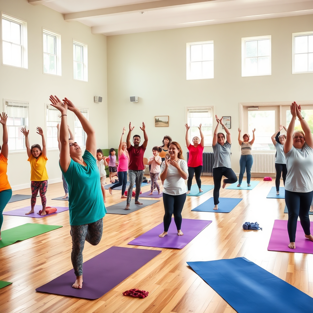 A visually appealing image of a weekly yoga class in a community center, focusing on families participating together. The environment is inclusive, with diverse families practicing various poses. The atmosphere is lively, filled with laughter and interaction. Bright colors from mats and clothing fill the space, enhancing the energetic vibe. Technical specs should ensure a focus on movement and engagement.