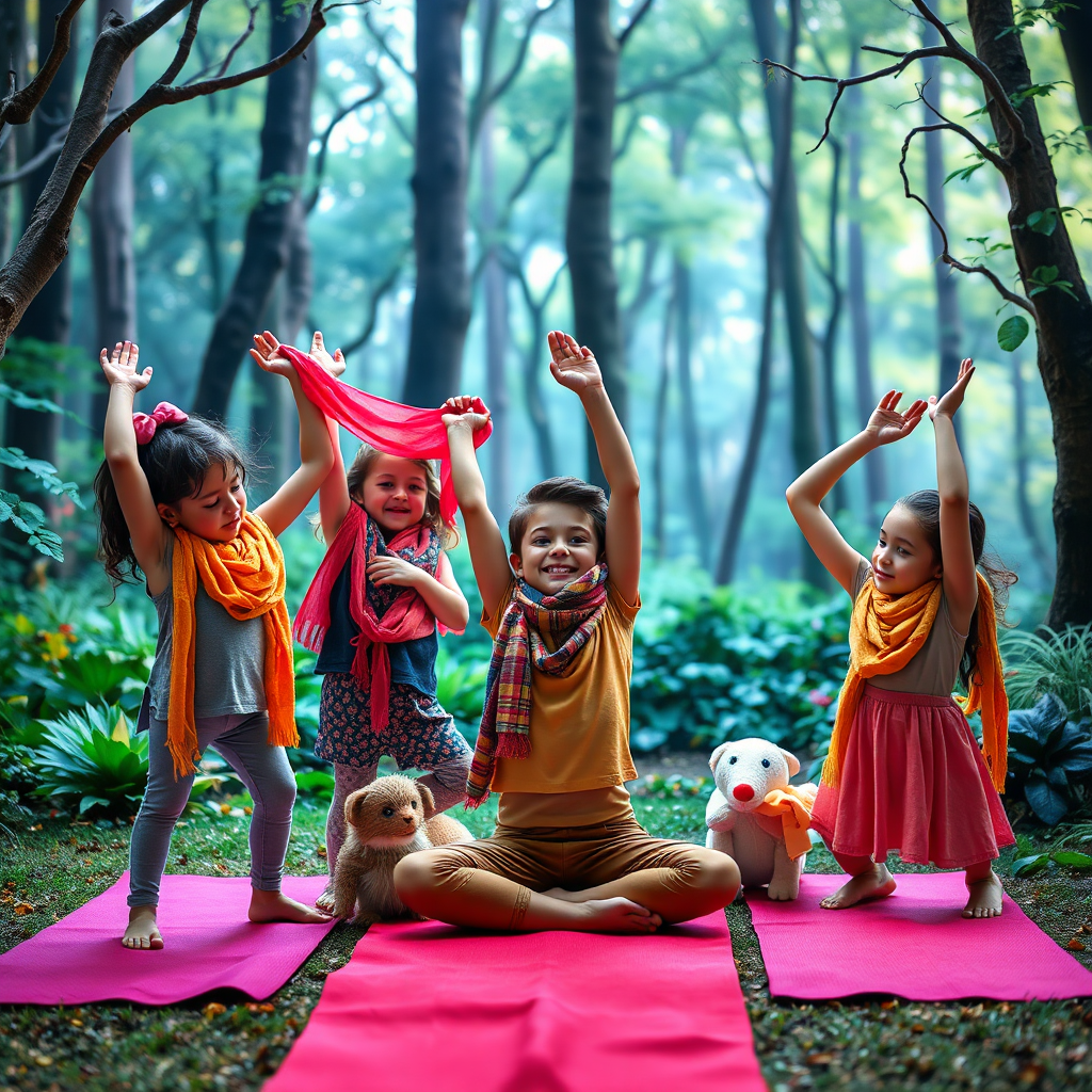 A whimsical image of kids using props to create a story during a yoga session, with a magical forest backdrop. Each child has a prop, like scarves or stuffed animals, and is engaged in an imaginative pose. The colors are bright, and the lighting is soft and enchanting, enhancing creativity. Technical specs should ensure imaginative compositions with lively expression.