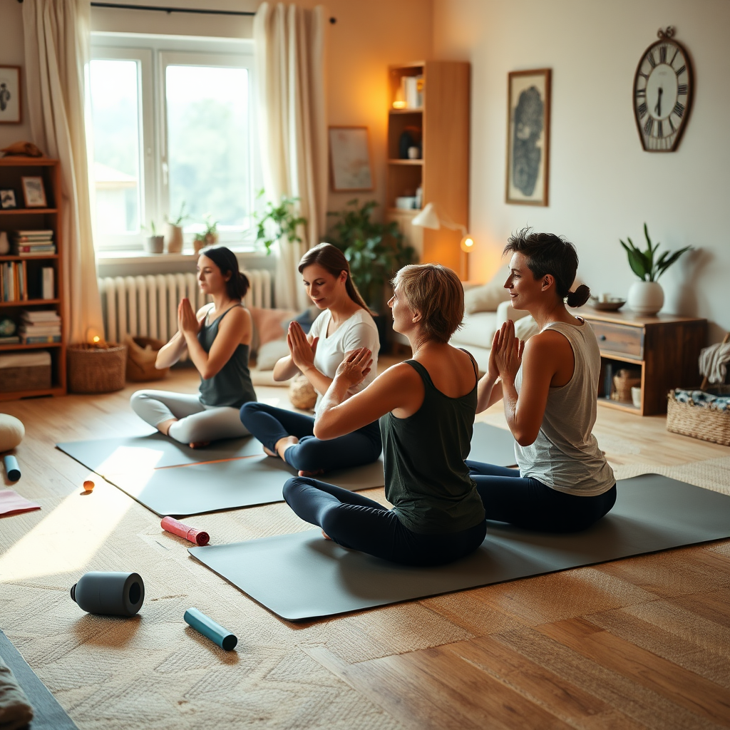 An intimate image of a family having a private yoga session in a cozy home environment. The setting includes soft lighting, yoga props scattered around, and a comforting ambiance. Everyone appears engaged in practice, showcasing focus and joy. The colors are warm and inviting, providing a peaceful space. Technical specs should ensure clarity and comfort in the setting.