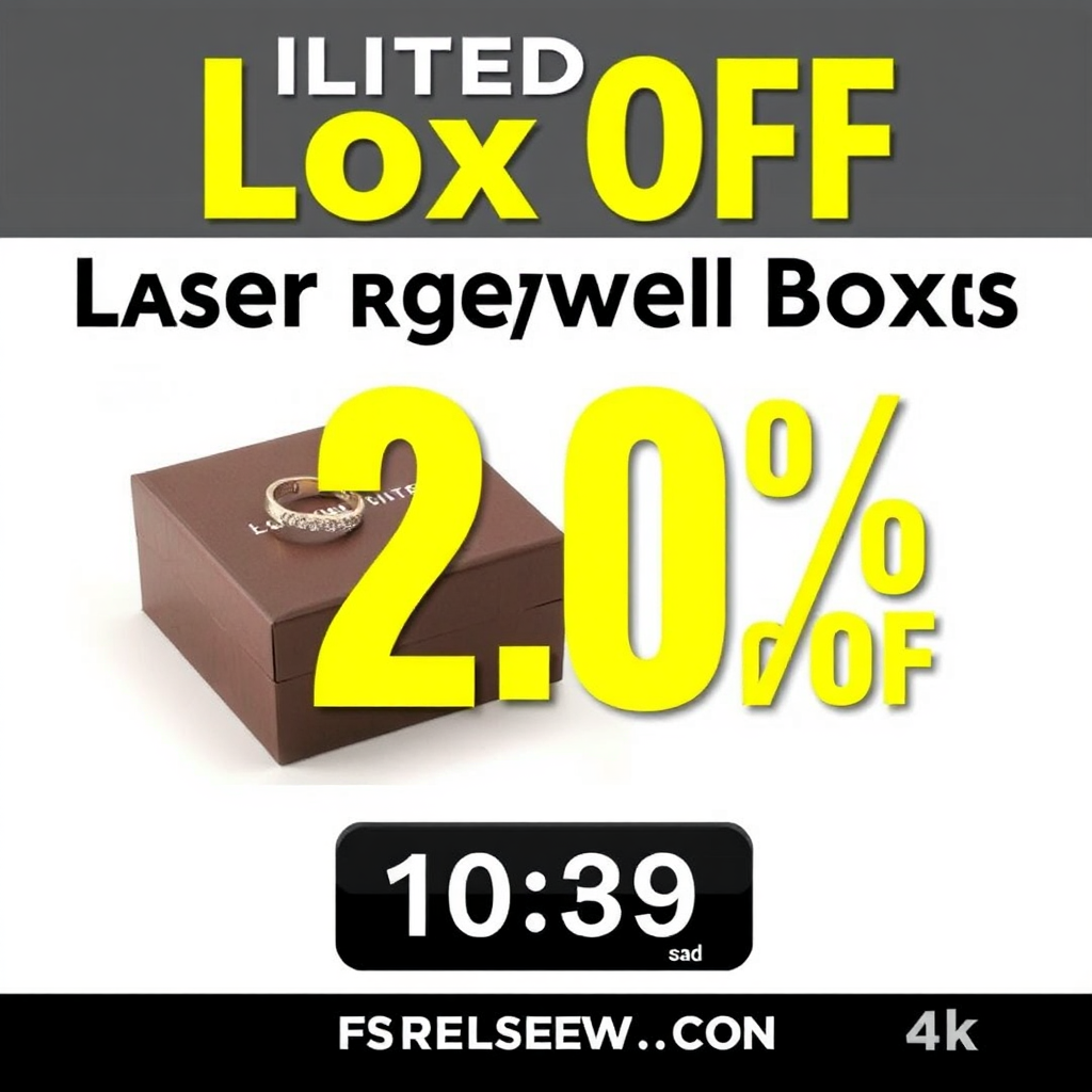 A banner ad featuring a limited-time discount on laser-engraved jewelry boxes, with a countdown timer to create a sense of urgency. Bold and eye-catching design. 4k resolution.
