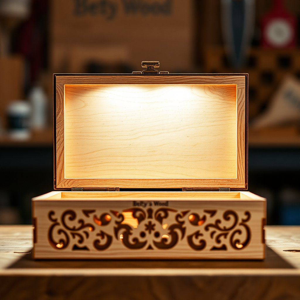 A beautifully lit photograph showcasing a laser-cut wooden box from Bettys Wood. The box is open, revealing intricate internal carvings. Soft, diffused light highlights the precision of the laser cuts and the natural wood grain. The background is a blurred, warm-toned workshop setting, suggesting a handmade, artisanal quality. The composition should emphasize the box's textures and patterns, inviting the viewer to reach out and touch it. Include subtle shadows to add depth and realism, making the product appear tangible and desirable. Capture the essence of handcrafted excellence.