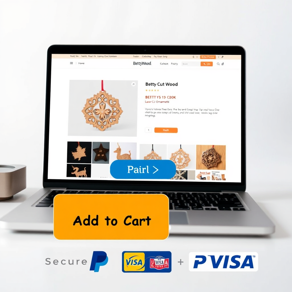 A clean, modern interface displaying a Bettys Wood product page on a laptop screen. The product is a laser-cut wooden ornament, attractively displayed with multiple high-resolution photos. The 'Add to Cart' button is prominently featured in a contrasting color, encouraging immediate action. Below, a secure payment gateway logo (e.g., PayPal, Visa) reassures customers about the safety of their transaction. The overall design is minimalist and user-friendly, with clear navigation and concise product information. The aesthetic should evoke trust and convenience, making it easy for customers to purchase their desired laser-cut items.