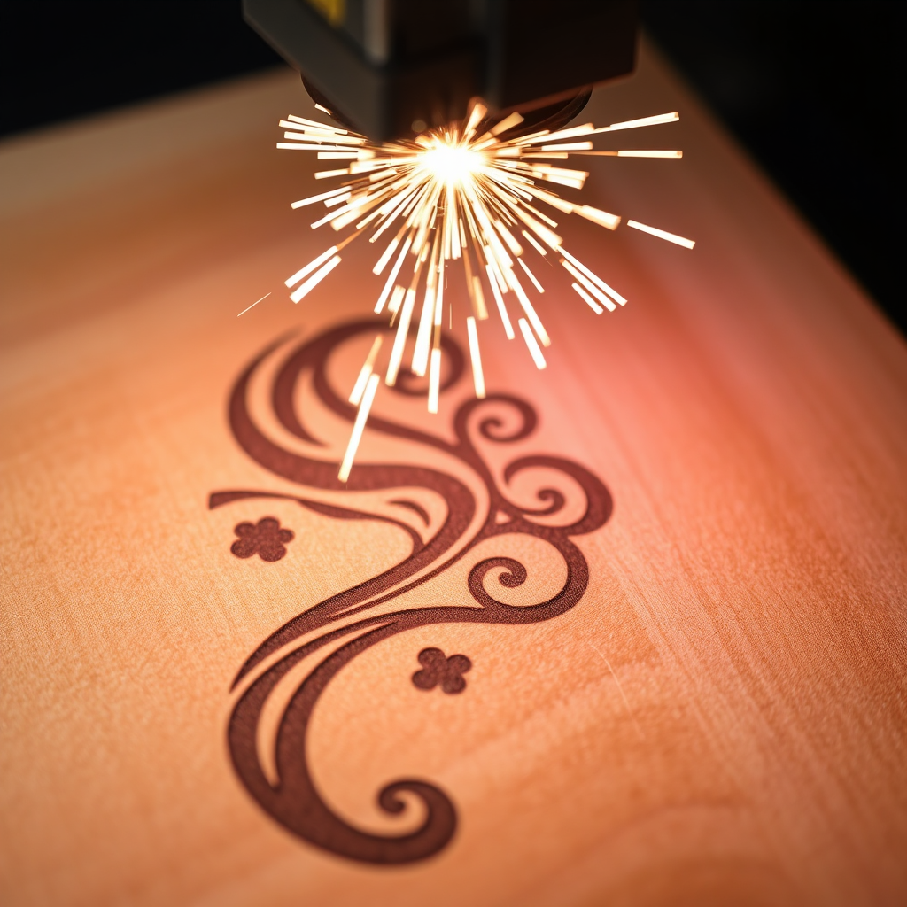 A close-up image of a laser engraving machine precisely etching a design onto a wooden surface, with sparks of light and intricate detail. High resolution. 4k resolution.