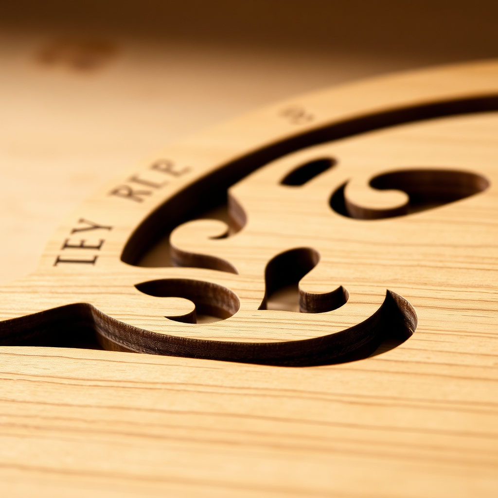A close-up, photorealistic shot of laser-cut details on a Bettys Wood product. The focus is on the precision and intricacy of the cuts, highlighting the smooth edges and fine lines. The material is high-quality wood, showing off its natural grain and texture. The lighting is soft and even, illuminating the details without harsh shadows. The background is a blurred, neutral color to keep the focus on the craftsmanship. This image aims to convey the level of detail and care that goes into each Bettys Wood product, emphasizing its superior quality and unique appeal. Capture the essence of meticulous artistry.