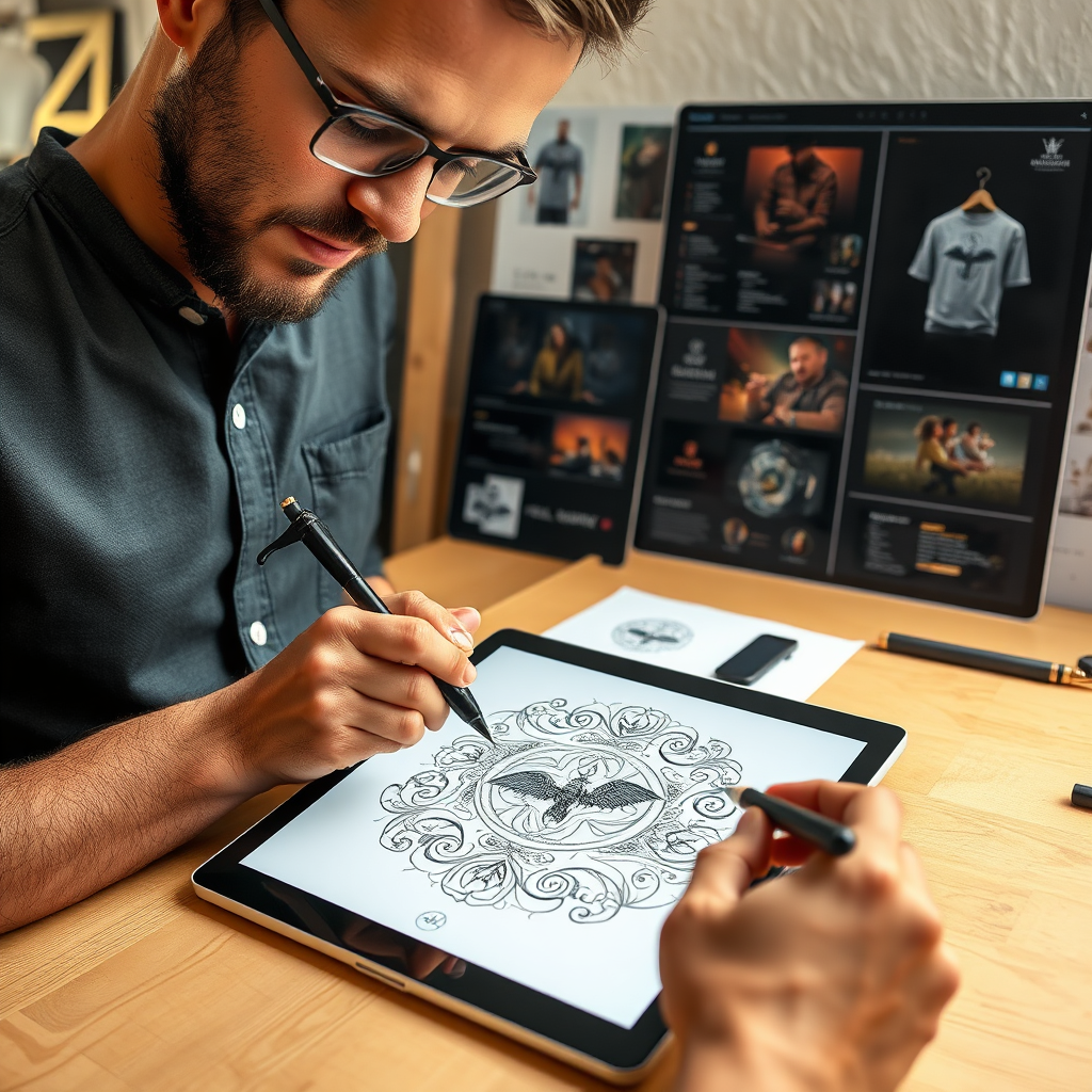 A designer sketching a custom engraving design on a tablet, with various design mockups and reference images visible in the background. Creative and collaborative atmosphere. 4k resolution.