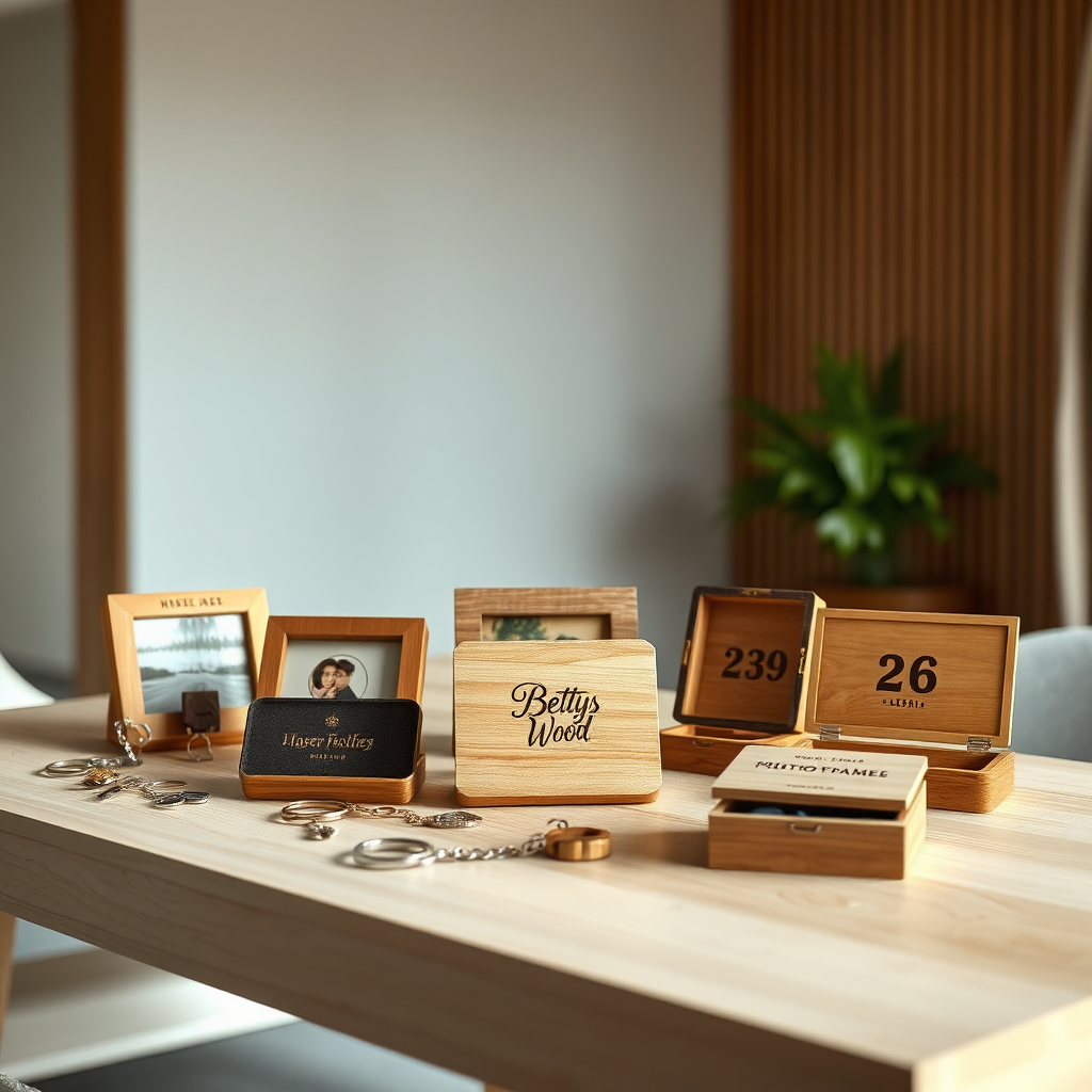 A photorealistic image showcasing a diverse array of Bettys Wood's laser-engraved products displayed elegantly on a light wooden table against a blurred background of a modern, minimalist studio. The products include personalized keychains, wooden photo frames, and custom-engraved jewelry boxes. The composition should emphasize the variety and craftsmanship of the products. Soft, diffused lighting highlights the intricate details of the engravings, with a subtle depth of field to keep the focus on the products. The color palette should be neutral with warm accents from the wood, creating an inviting and sophisticated feel. Camera angle should be eye-level, capturing the textures and details of the products. Style reference: Product photography, minimalist aesthetics. 4K resolution.