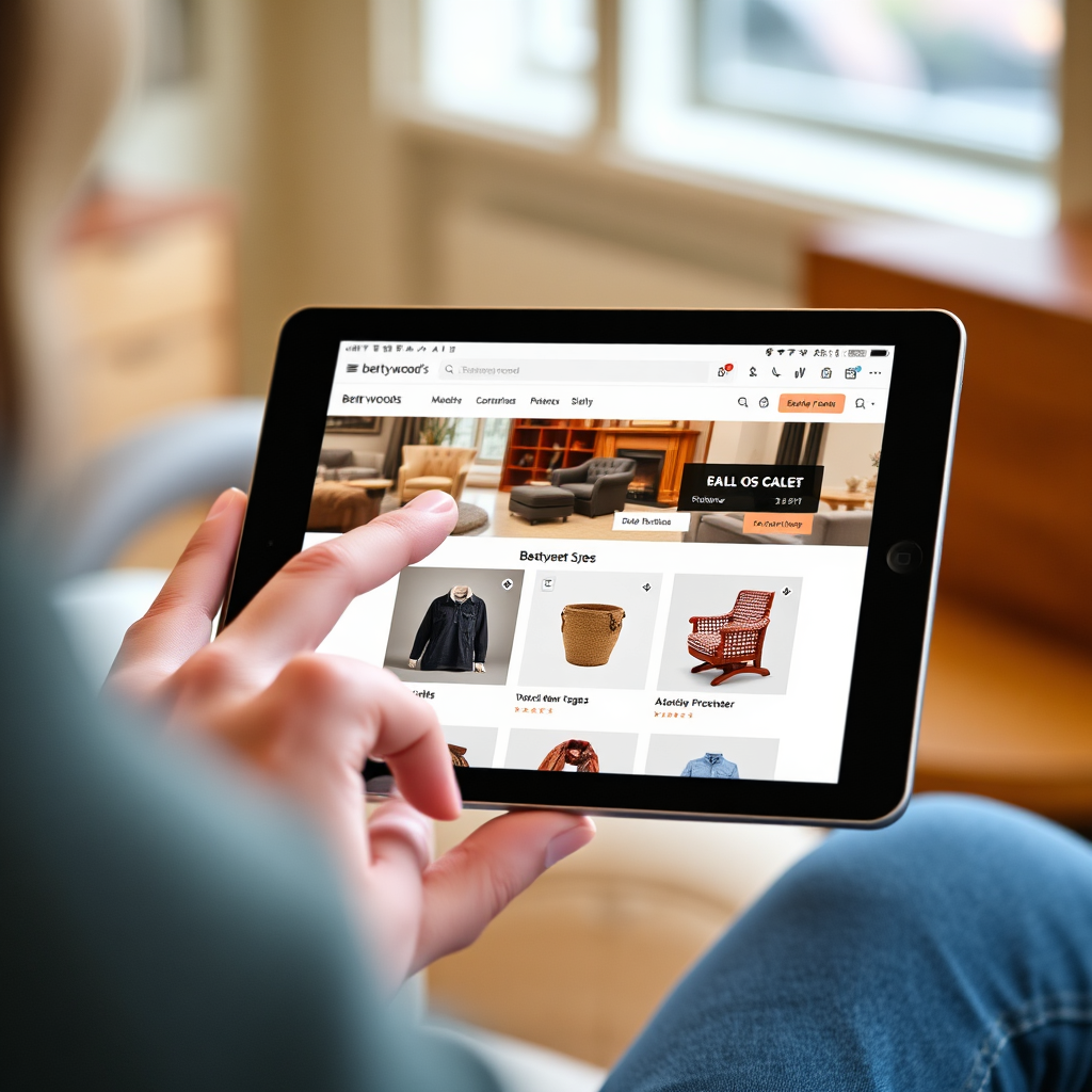 A user interacting with a Bettys Wood's estore on a tablet showcasing ease of navigation. High resolution image. 4k resolution.