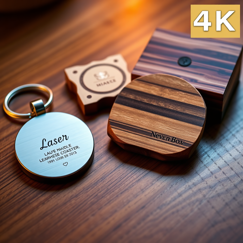 A visually appealing product bundle featuring a laser-engraved keychain, a wooden coaster set, and a personalized trinket box, elegantly arranged on a wooden surface. Warm, inviting lighting. 4k resolution.