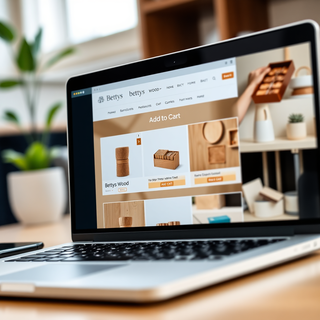 An image of a clean and intuitive e-commerce website interface on a laptop screen, displaying Bettys Wood products with prominent 'Add to Cart' buttons. Bright, modern design. 4k resolution.