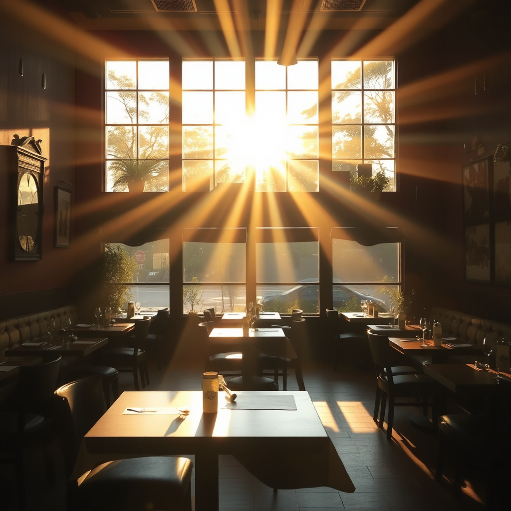 Restaurant interior during golden hour