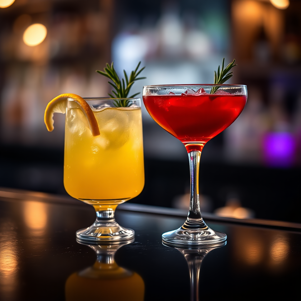 Two colourful cocktails on a bar