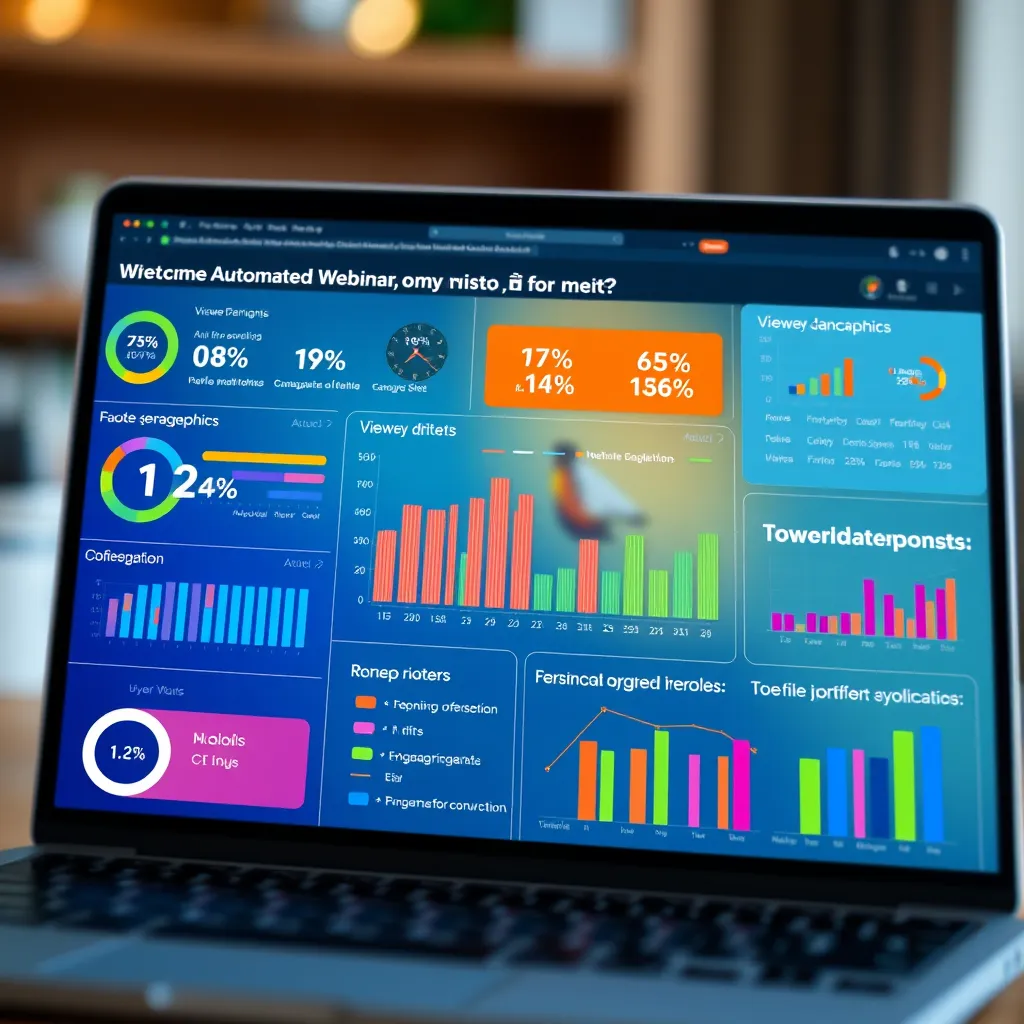 A colorful infographic depicting data visualizations. The infographic shows insights from an automated webinar, including viewer demographics, engagement metrics, and conversion rates. The background is a blurred image of a laptop screen displaying a webinar interface.