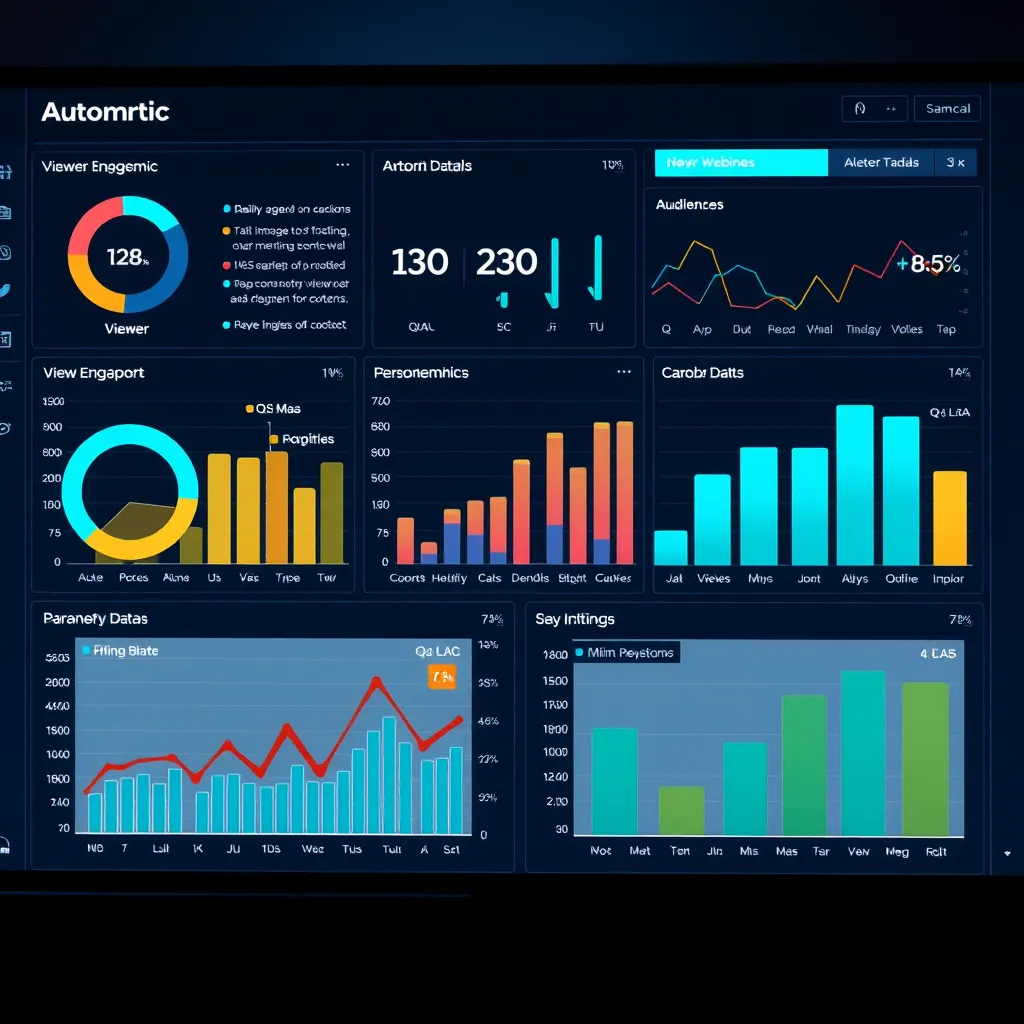  A data visualization dashboard with various charts and graphs showcasing key metrics from an automated webinar, such as viewer engagement, audience demographics, and Q&A participation. The dashboard should be visually appealing and informative, highlighting the power of data in optimizing content and audience engagement.