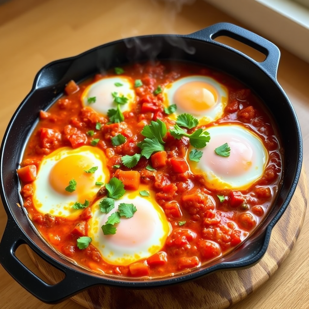 Sizzling pan of shakshuka