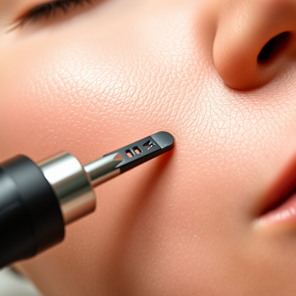 Close-up of medical microneedling device on skin.