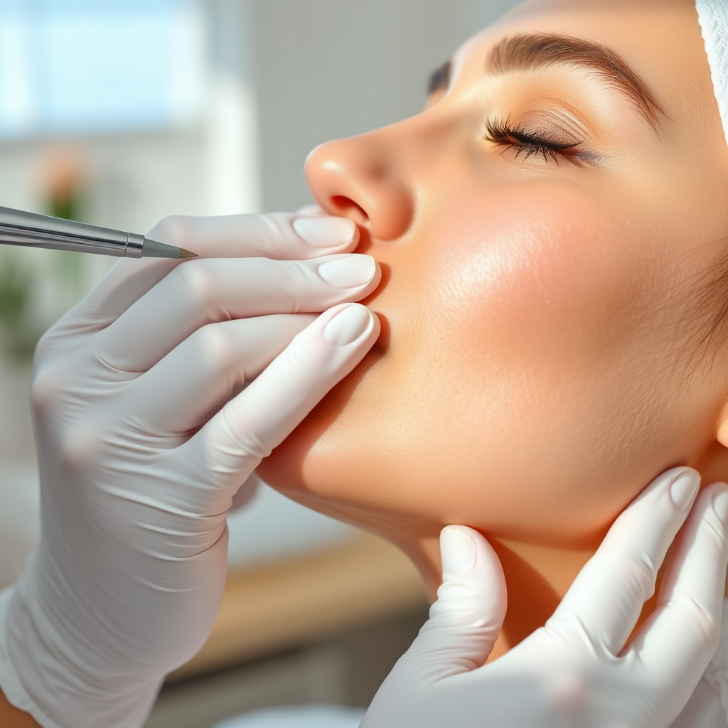 Aesthetician performing a skin consultation on a client's face.